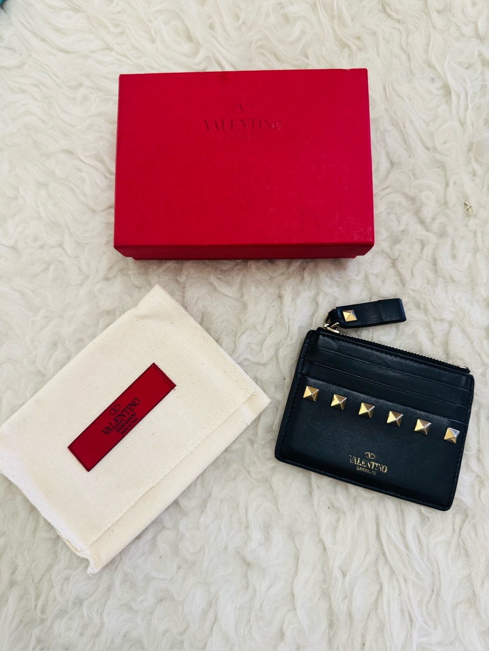 Valentino Black Leather Rockstud Zip Card Wallet with Gold Accents